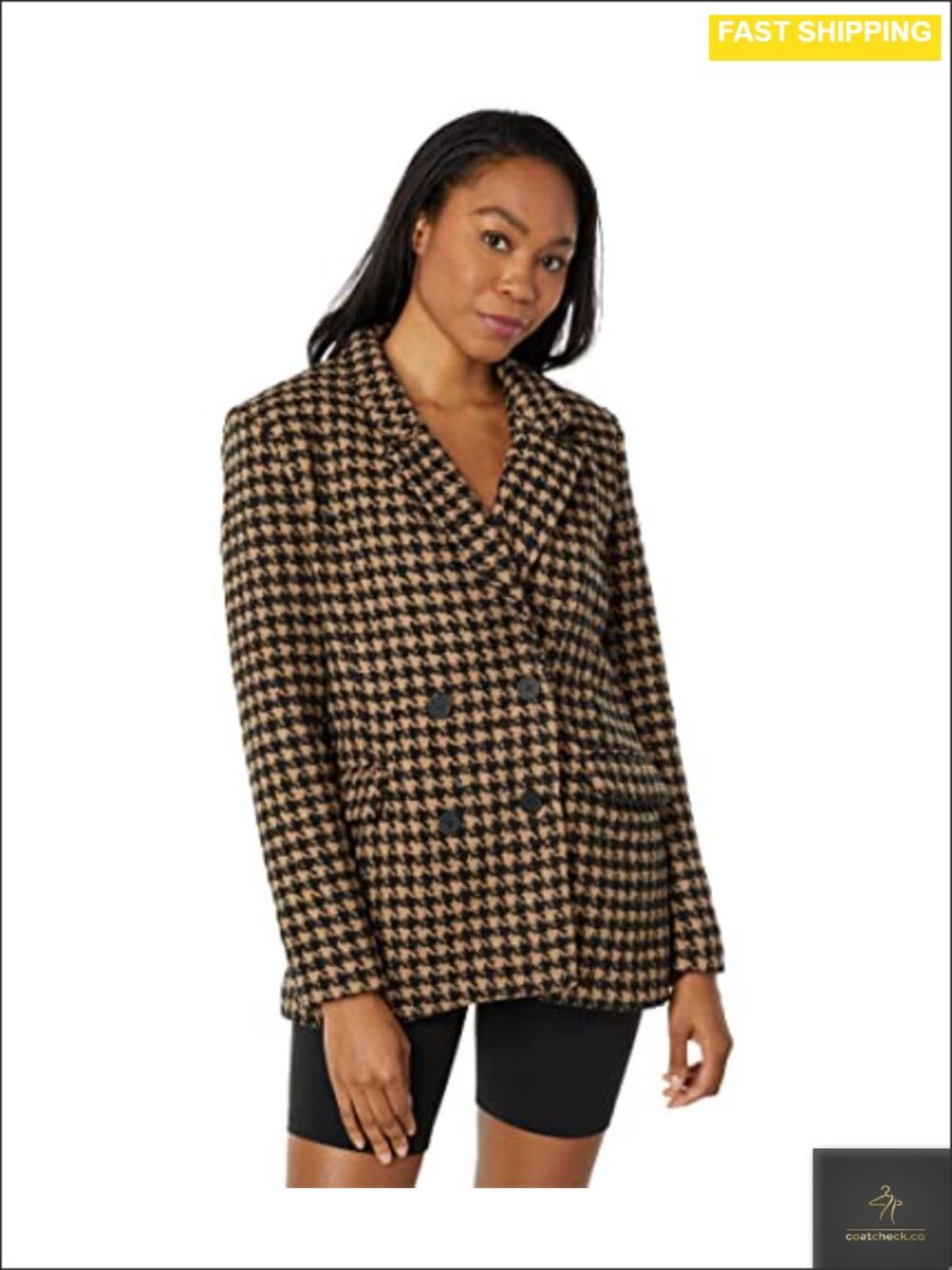 Faux Leather Houndstooth Double Breasted Blazer Long Sleeve